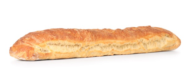 Photo of One freshly baked baguette isolated on white