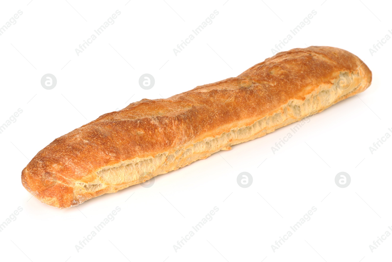 Photo of One freshly baked baguette isolated on white