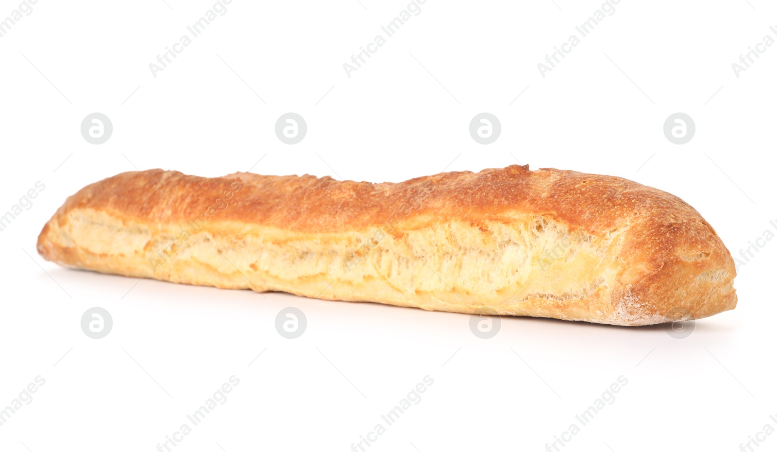 Photo of One freshly baked baguette isolated on white