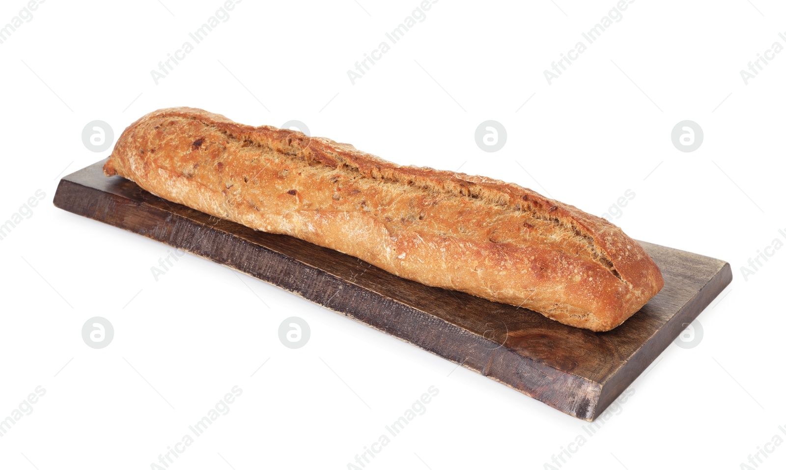 Photo of One freshly baked baguette isolated on white