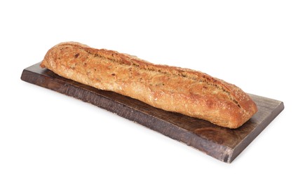 Photo of One freshly baked baguette isolated on white