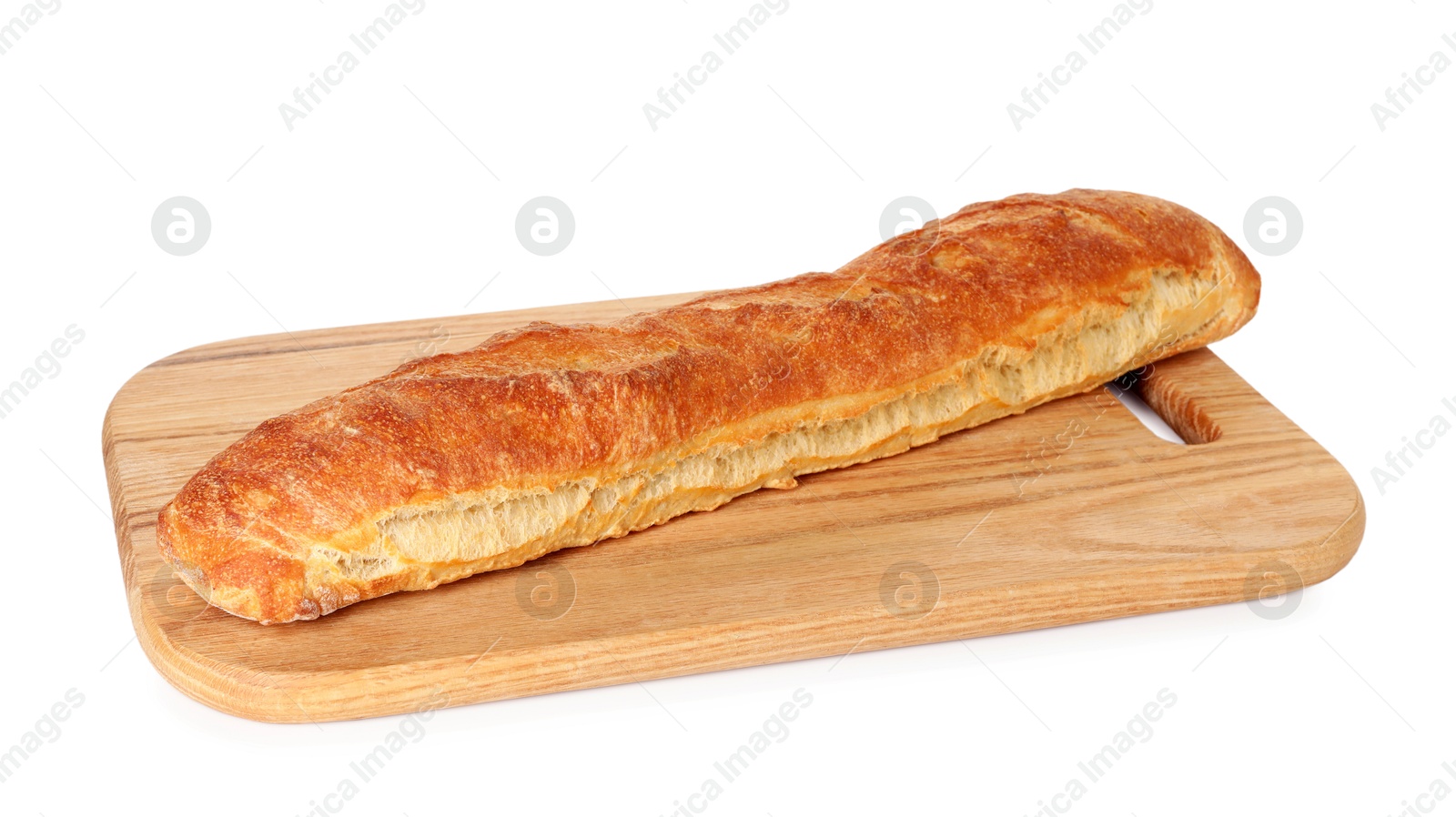 Photo of One freshly baked baguette isolated on white