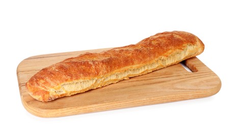 Photo of One freshly baked baguette isolated on white