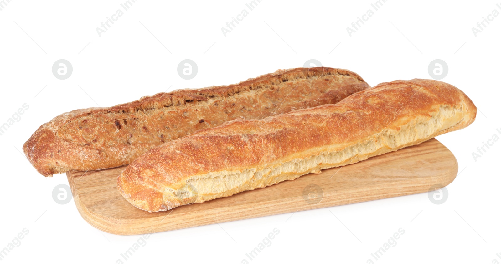 Photo of Two freshly baked baguettes isolated on white