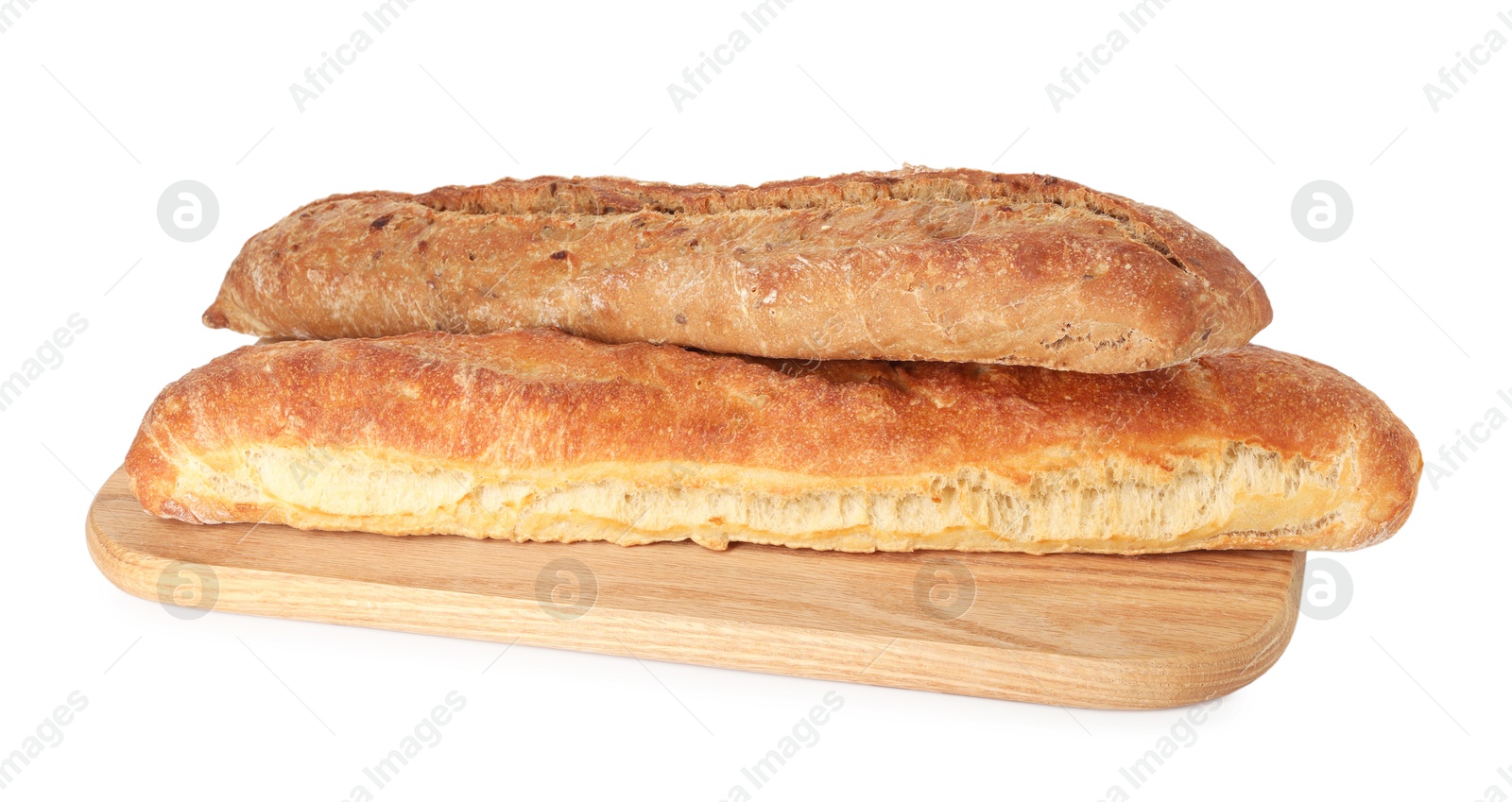 Photo of Two freshly baked baguettes isolated on white