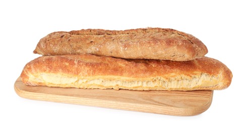 Photo of Two freshly baked baguettes isolated on white