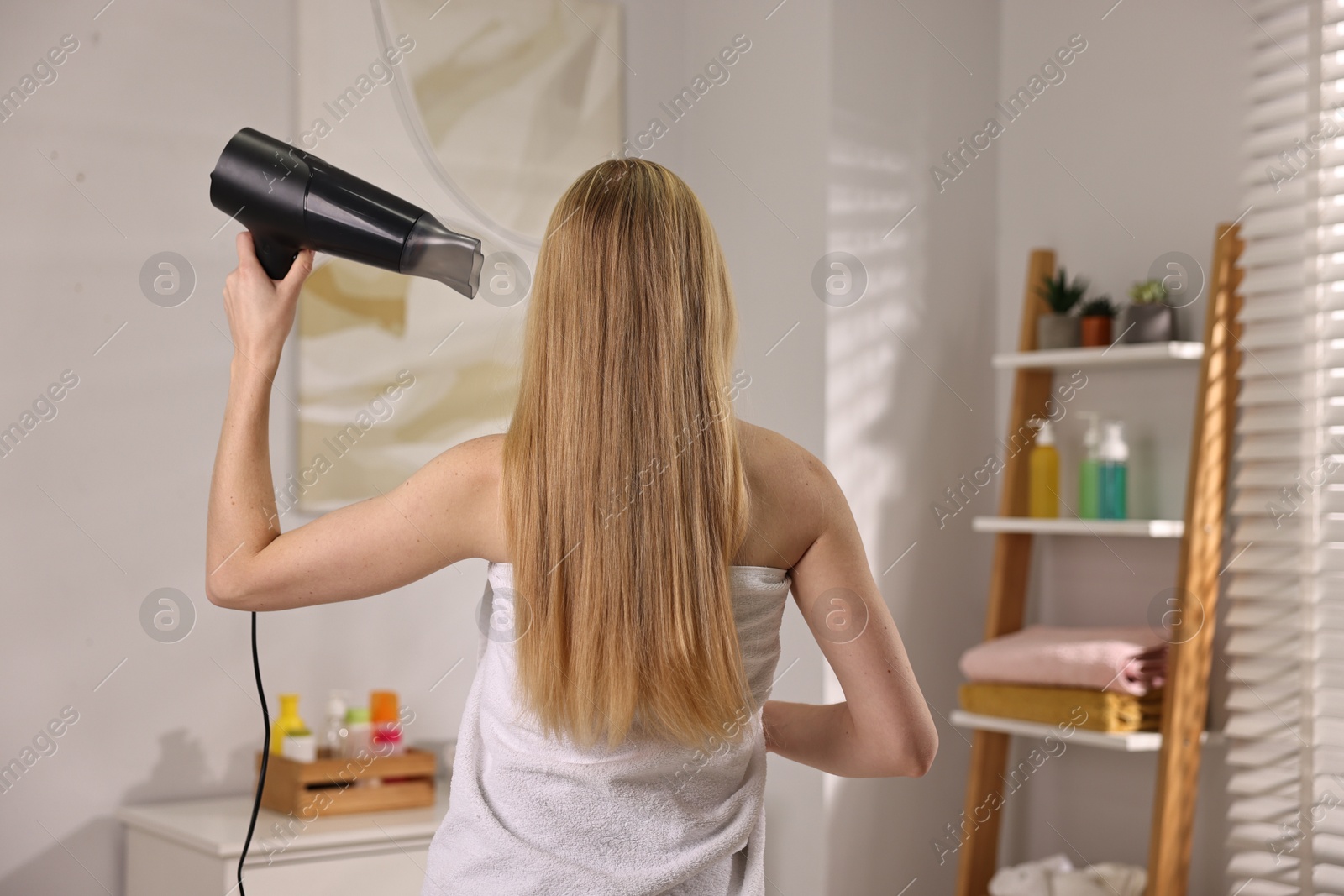 Photo of Beautiful young woman drying her hair in bathroom, back view