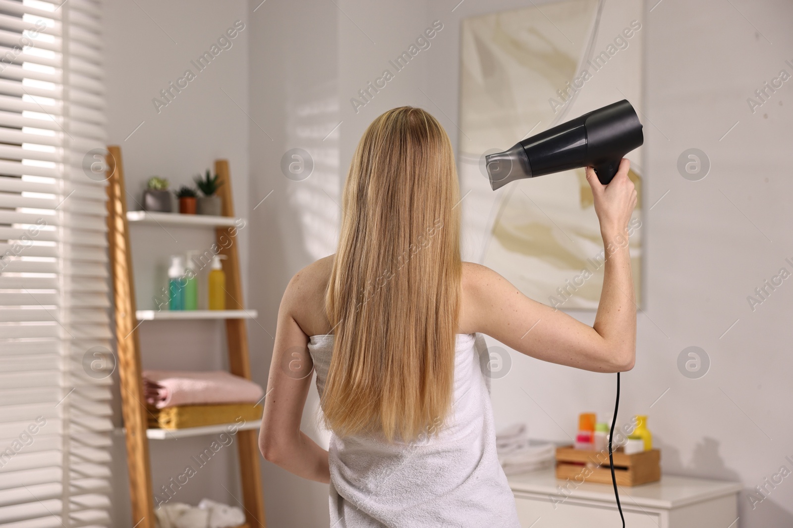 Photo of Beautiful young woman drying her hair in bathroom, back view