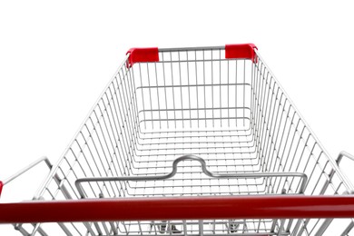 Photo of Empty metal shopping cart on white background