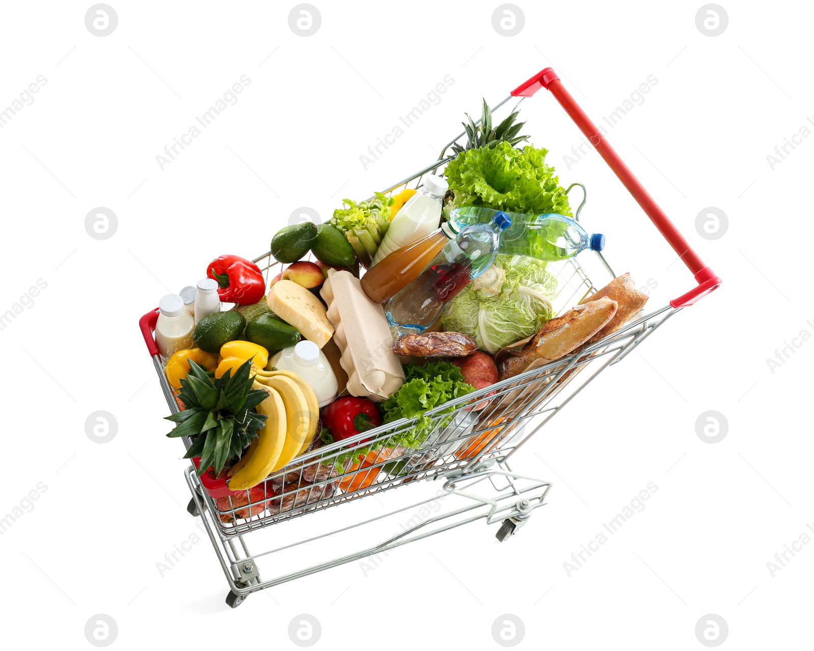 Photo of Shopping cart with groceries on white background, above view