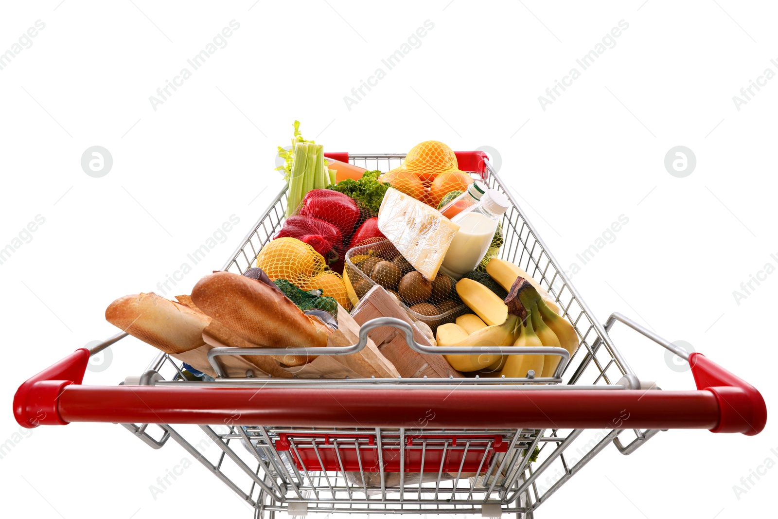 Photo of Shopping cart full of groceries on white background, above view