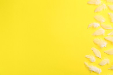 Photo of Many beautiful feathers on yellow background, flat lay. Space for text