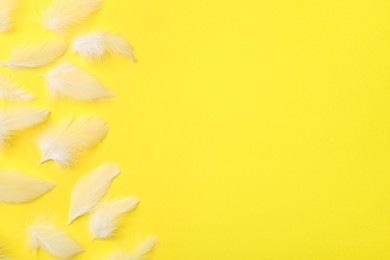 Photo of Many beautiful feathers on yellow background, flat lay. Space for text