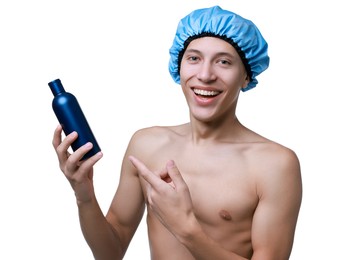 Photo of Happy man in blue shower cap with shampoo on white background