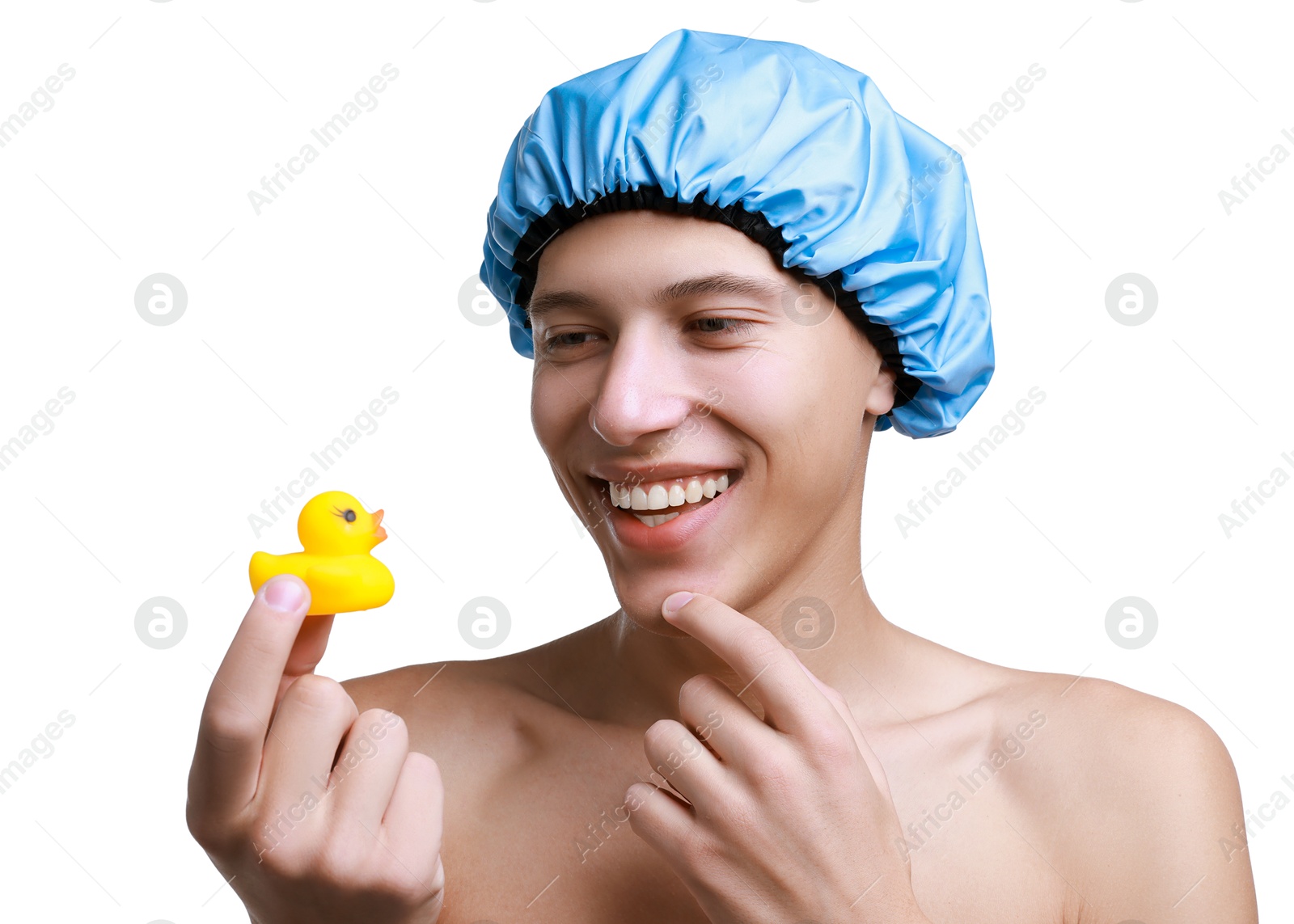 Photo of Happy man with blue shower cap and bath duck on white background