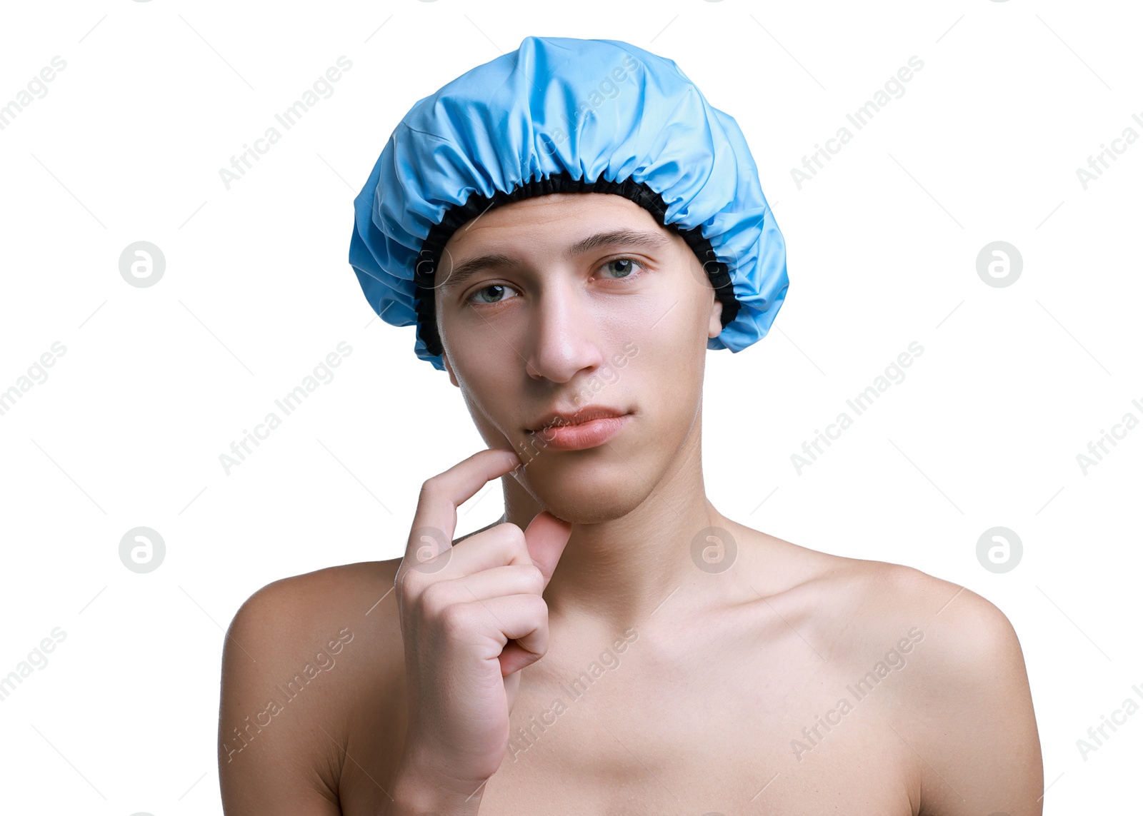 Photo of Man in blue shower cap on white background