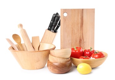 Photo of Different cooking utensils and products isolated on white