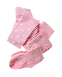 Photo of Pink child's tights isolated on white, top view