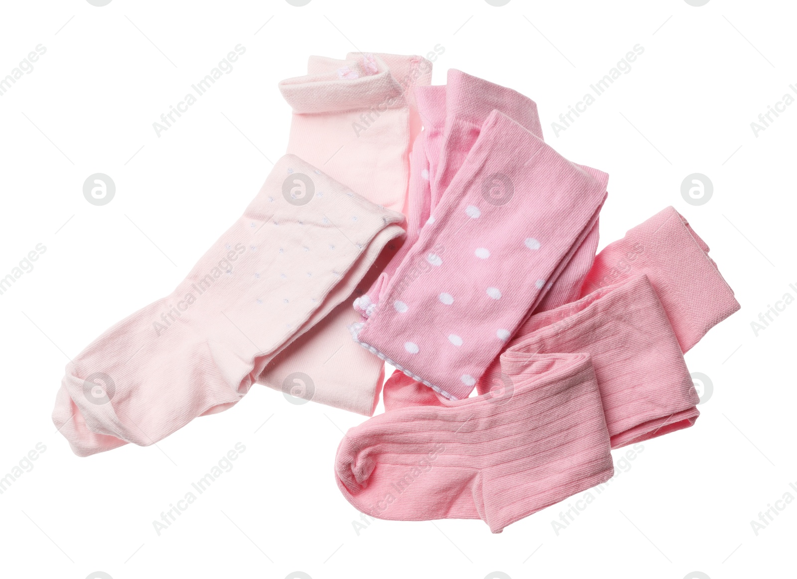 Photo of Pink child's tights isolated on white, top view