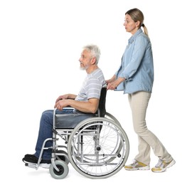 Photo of Woman with senior man in wheelchair on white background