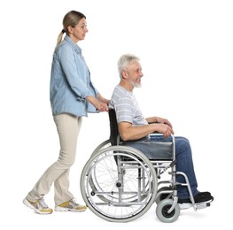 Photo of Woman with senior man in wheelchair on white background