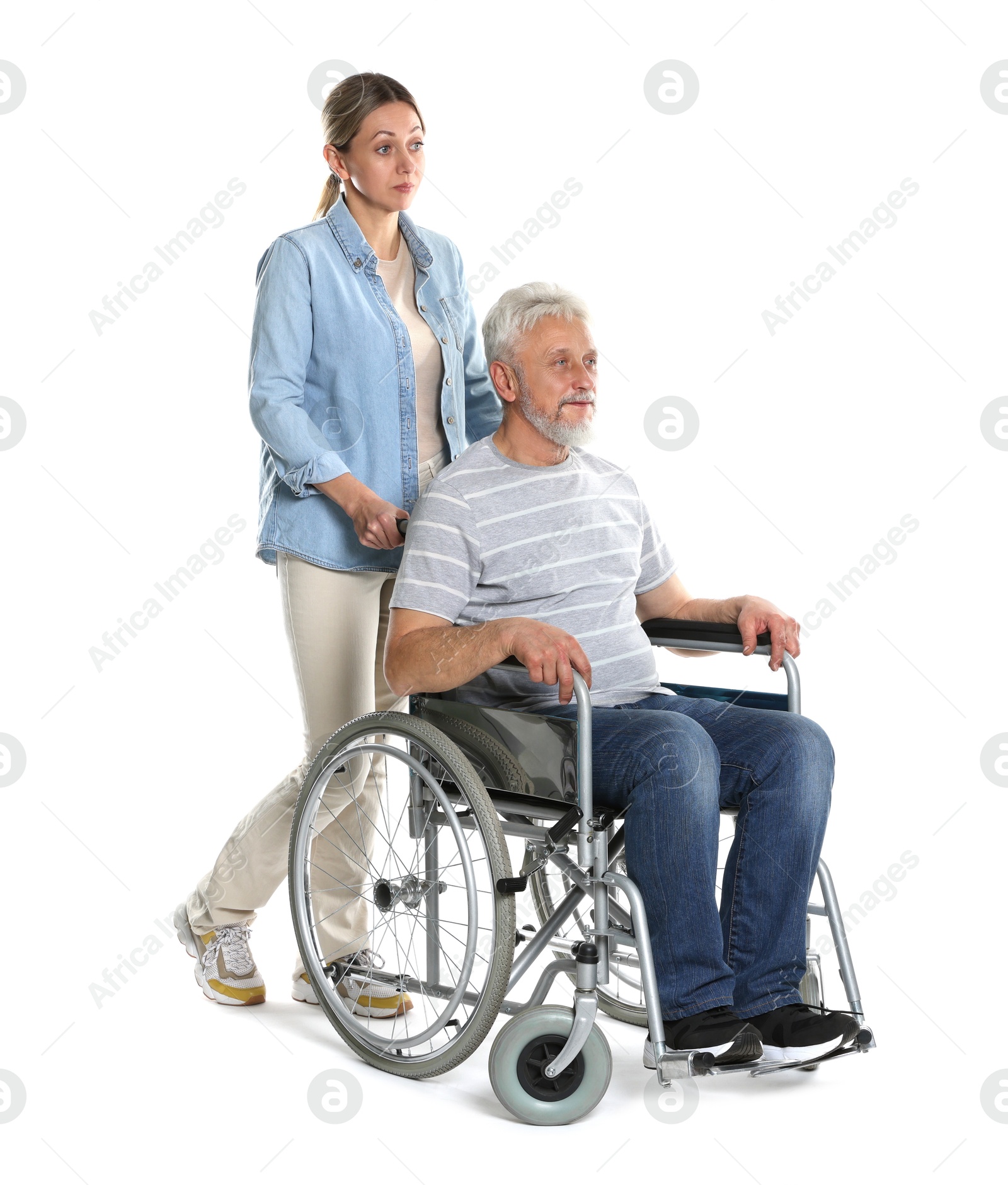 Photo of Woman with senior man in wheelchair on white background