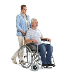 Photo of Woman with senior man in wheelchair on white background