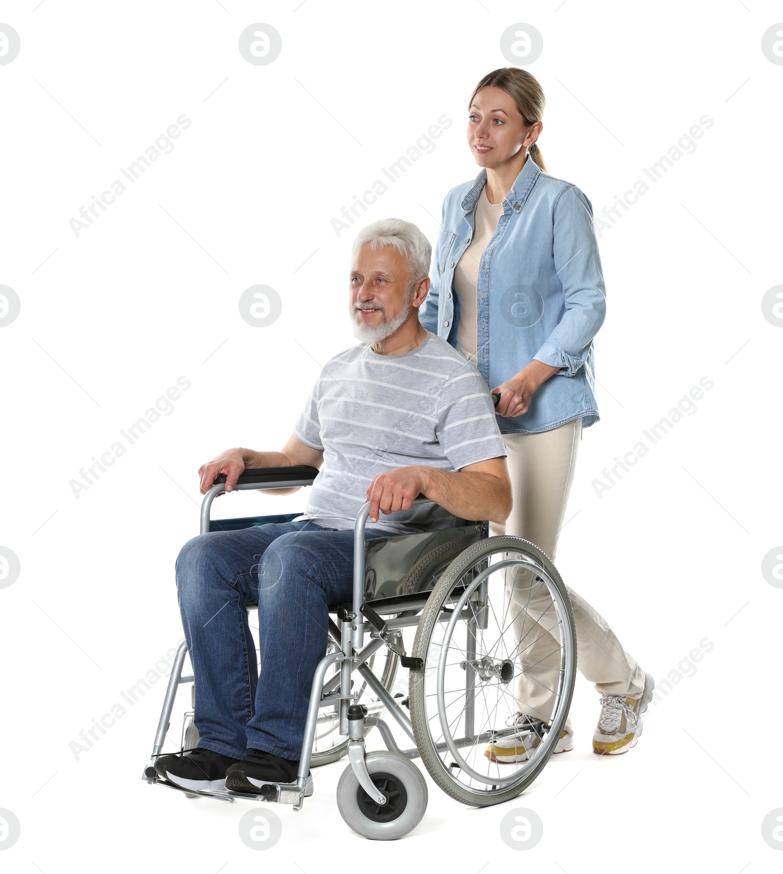 Photo of Woman with senior man in wheelchair on white background