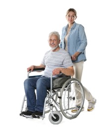 Woman with senior man in wheelchair on white background