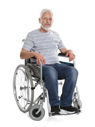 Photo of Senior man in wheelchair on white background