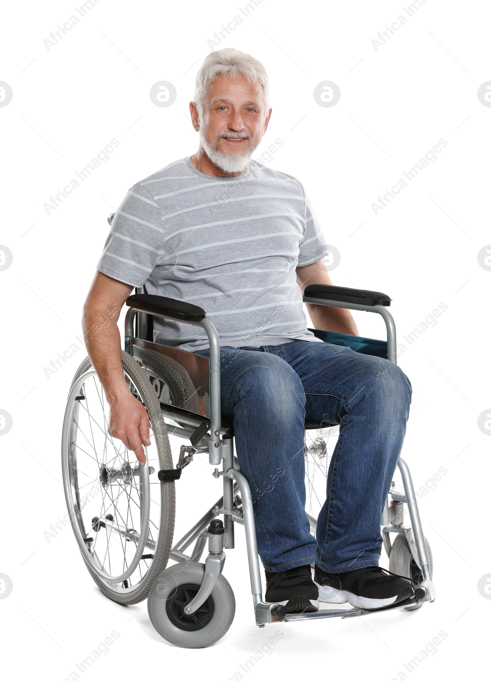 Photo of Senior man in wheelchair on white background