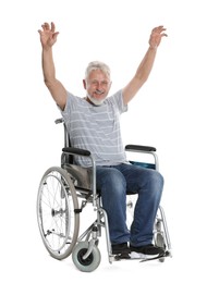 Photo of Senior man in wheelchair on white background