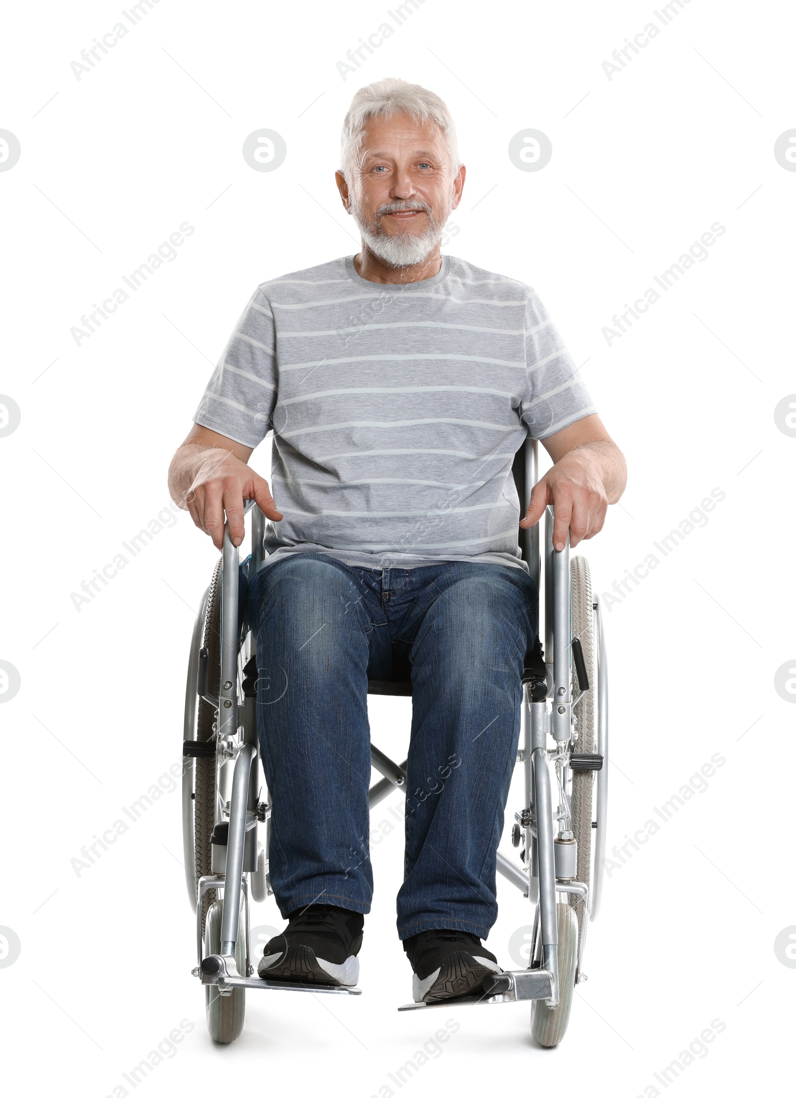 Photo of Senior man in wheelchair on white background