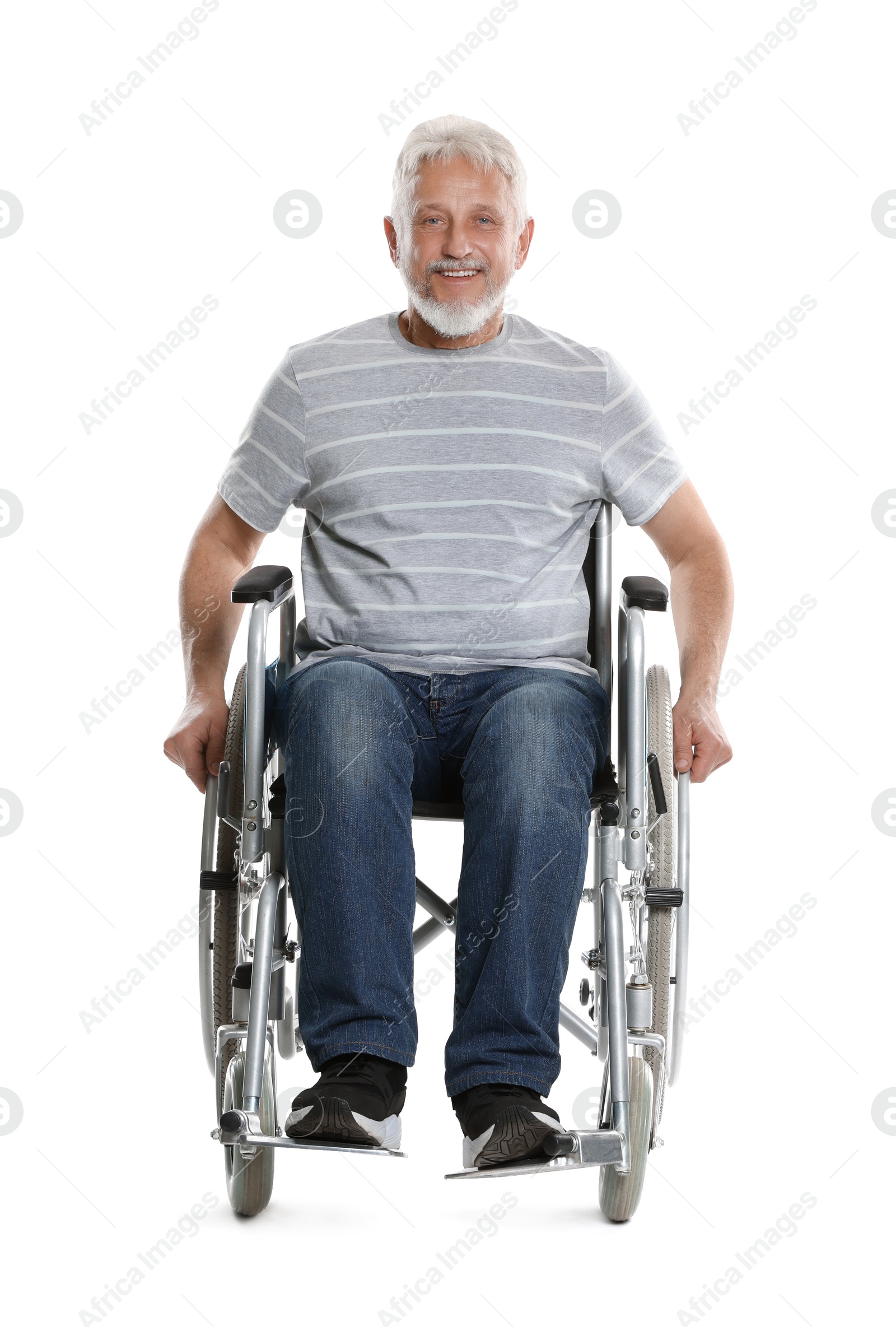 Photo of Senior man in wheelchair on white background