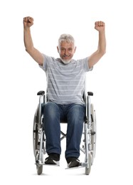 Photo of Senior man in wheelchair on white background