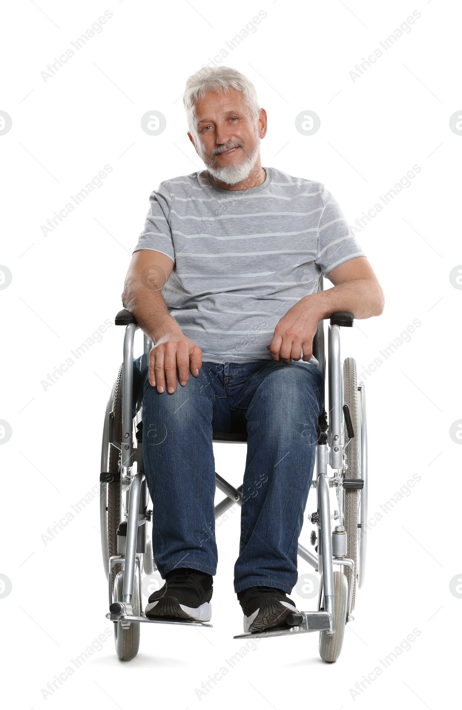 Photo of Senior man in wheelchair on white background