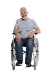 Senior man in wheelchair on white background