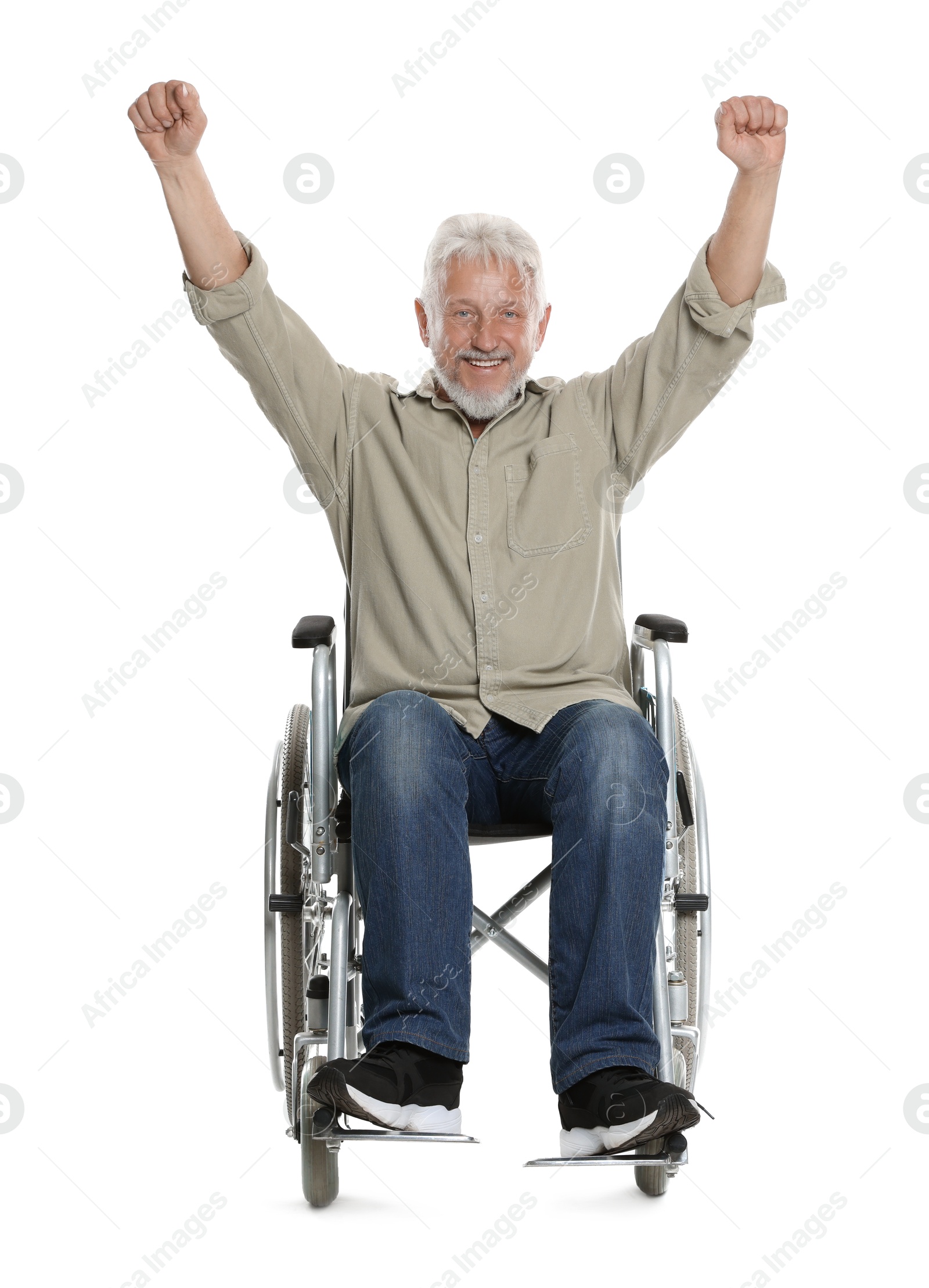 Photo of Senior man in wheelchair on white background