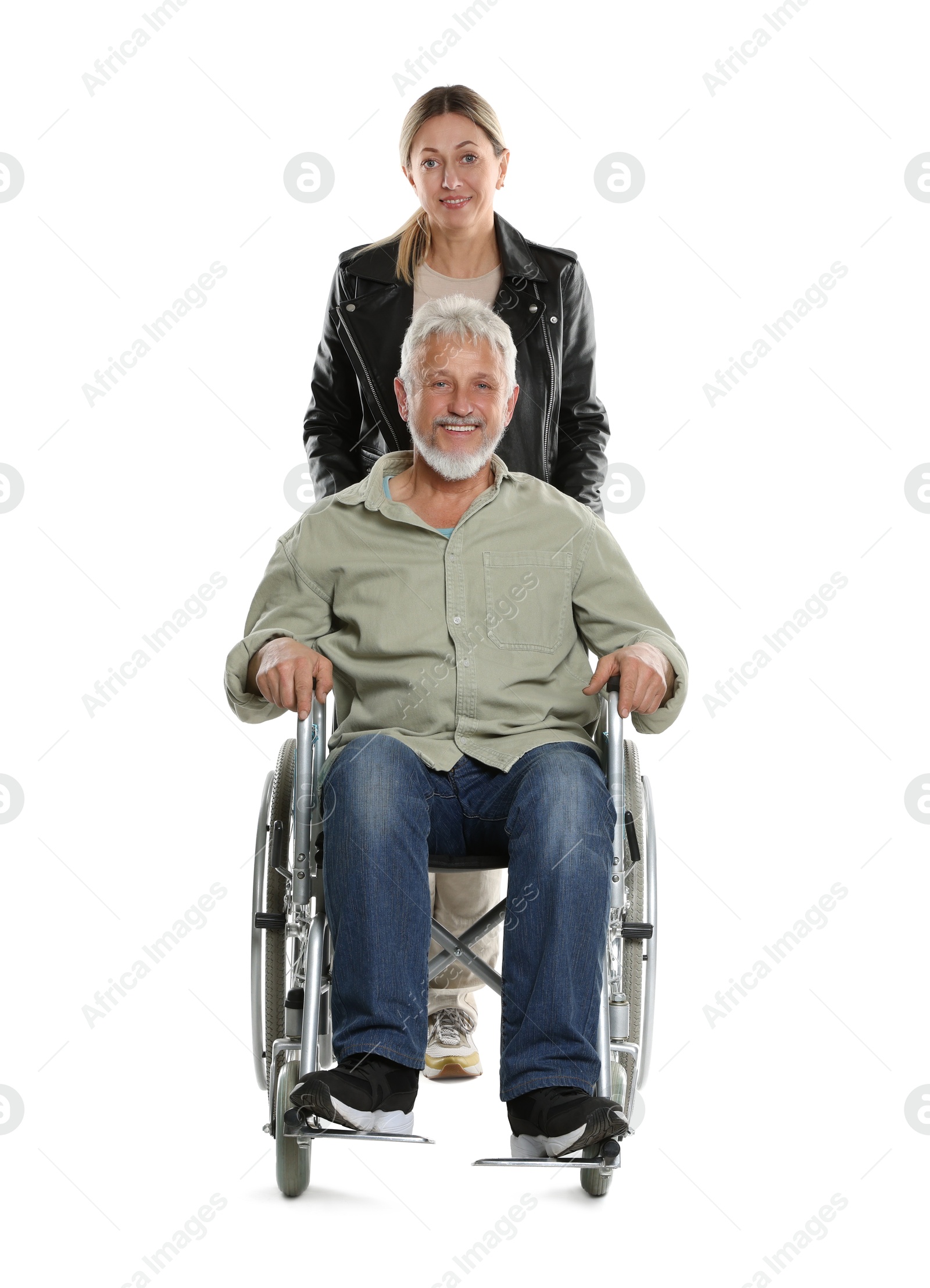 Photo of Woman with senior man in wheelchair on white background