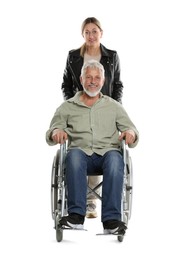 Photo of Woman with senior man in wheelchair on white background