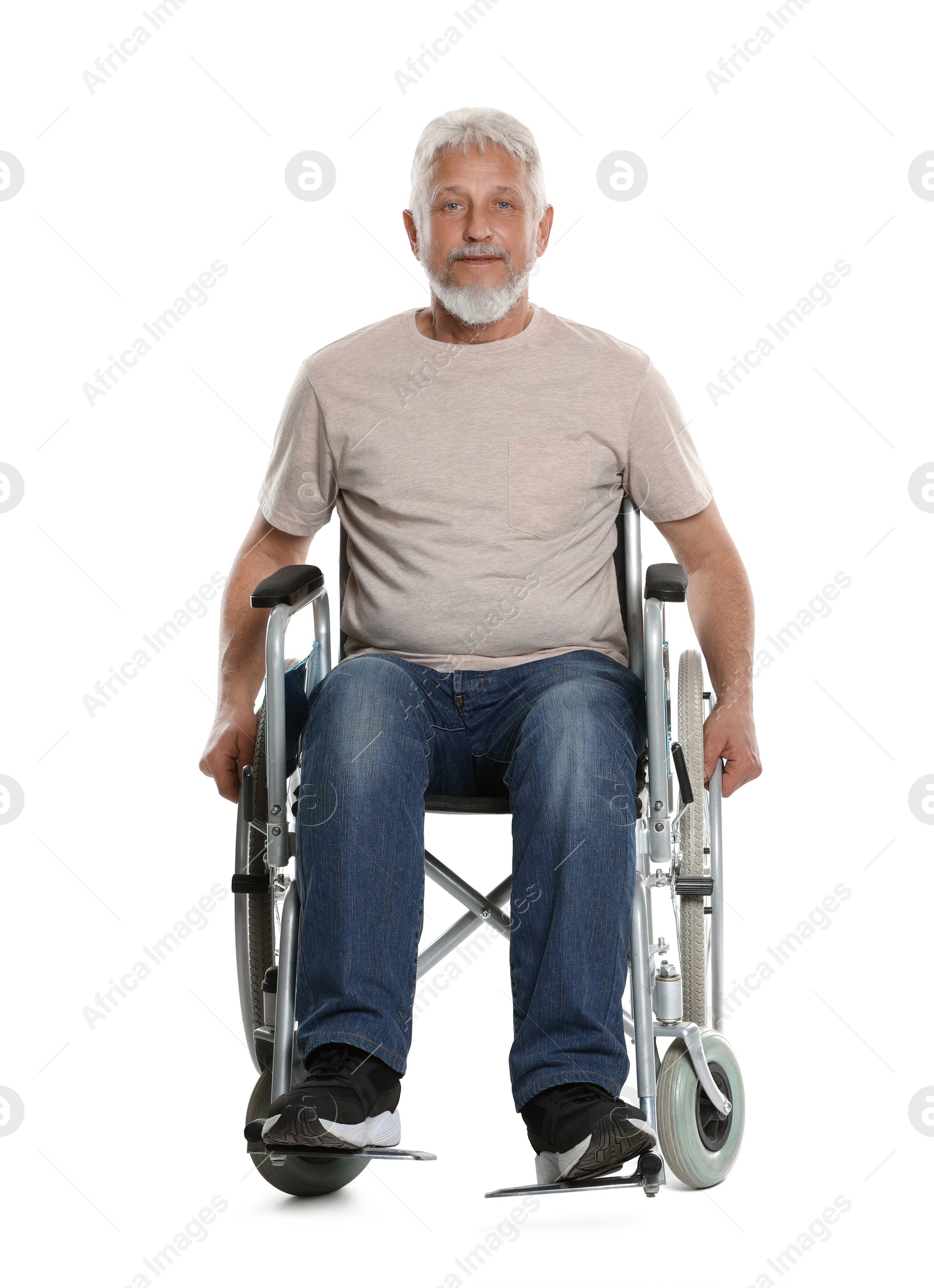 Photo of Senior man in wheelchair on white background