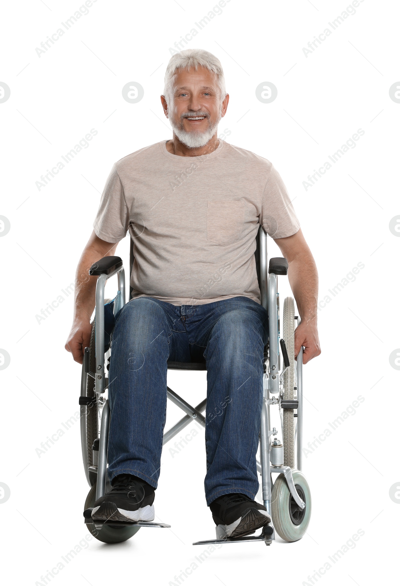 Photo of Senior man in wheelchair on white background