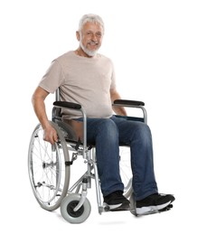 Photo of Senior man in wheelchair on white background