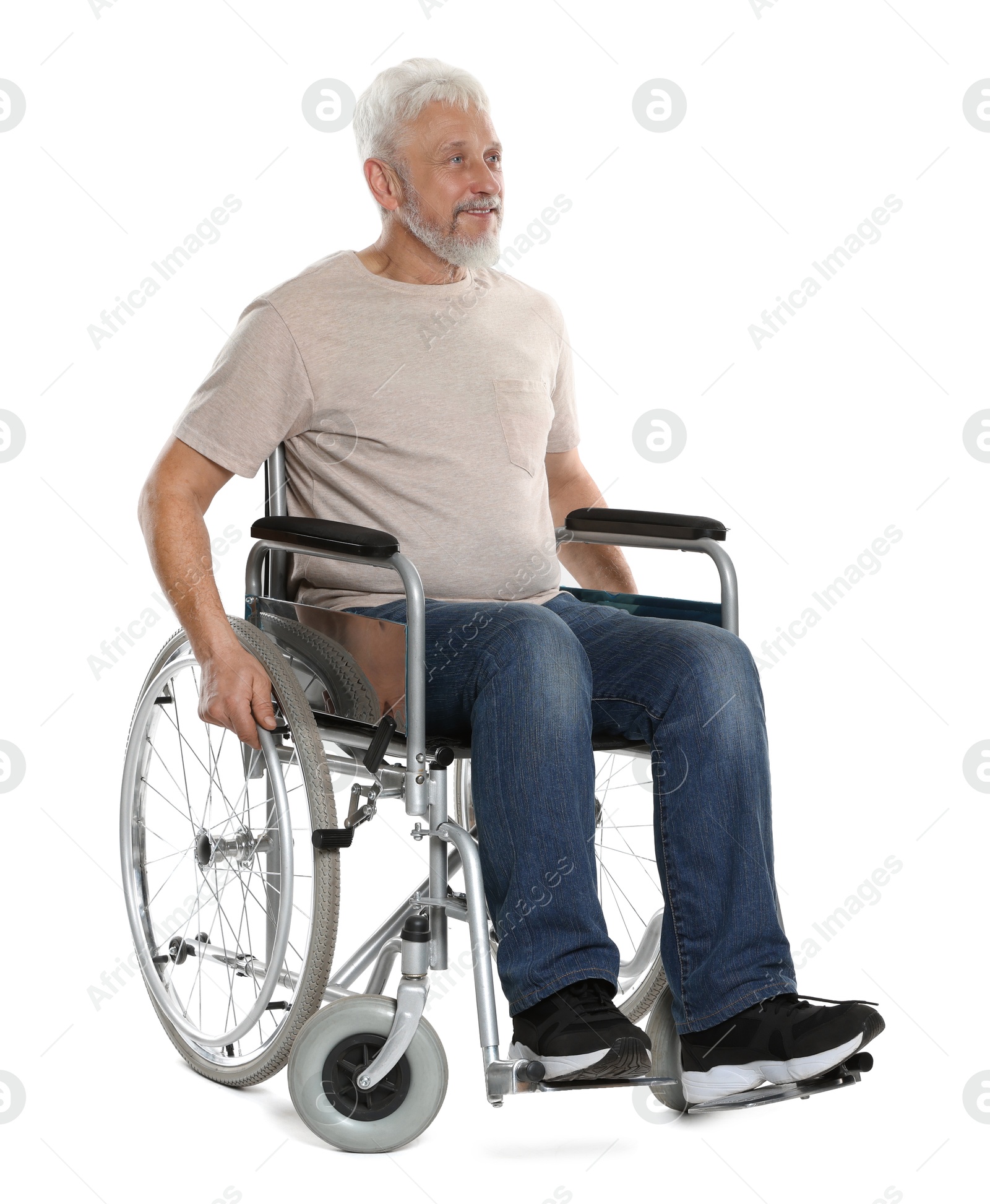 Photo of Senior man in wheelchair on white background