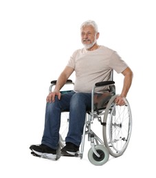 Photo of Senior man in wheelchair on white background