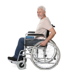 Photo of Senior man in wheelchair on white background