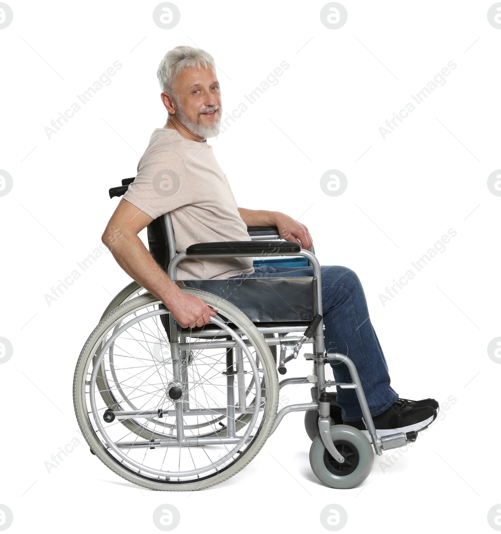 Photo of Senior man in wheelchair on white background