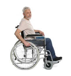 Photo of Senior man in wheelchair on white background