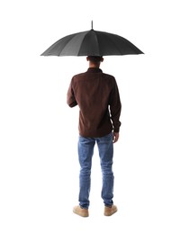 Photo of Man with black umbrella on white background, back view