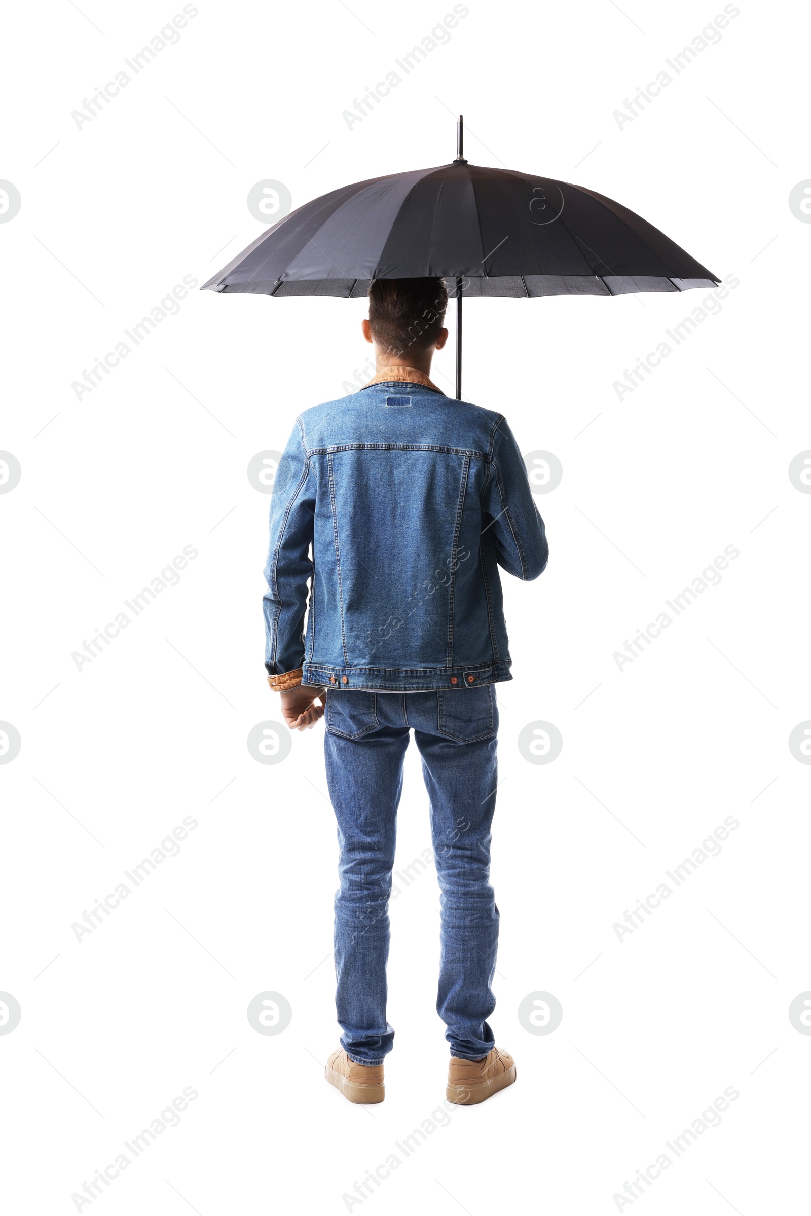 Photo of Man with black umbrella on white background, back view